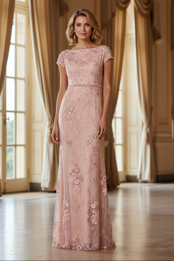Embroidered Floral Lace Gown with Cap Sleeves