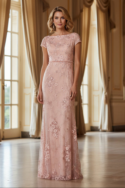 Embroidered Floral Lace Gown with Cap Sleeves