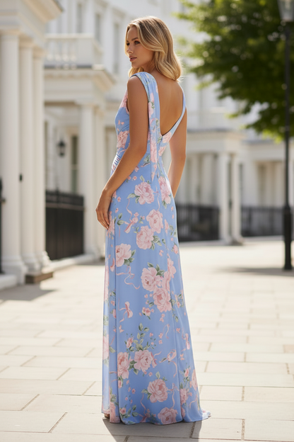 Floral Print Maxi Dress with Deep V-Neck and High Slit
