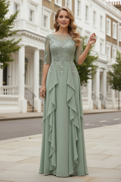 Lace Applique A-Line Gown with 3/4 Sleeves & Ruffle Skirt