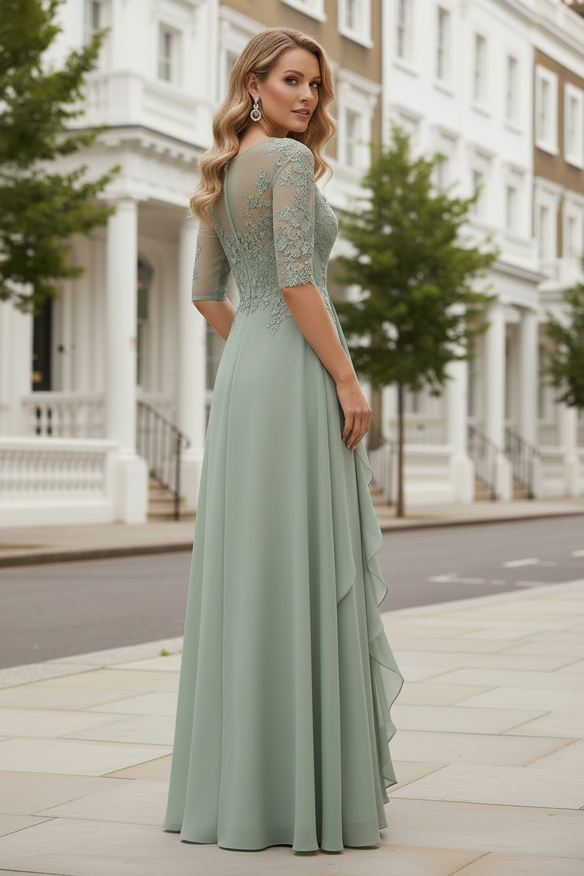 Lace Applique A-Line Gown with 3/4 Sleeves & Ruffle Skirt