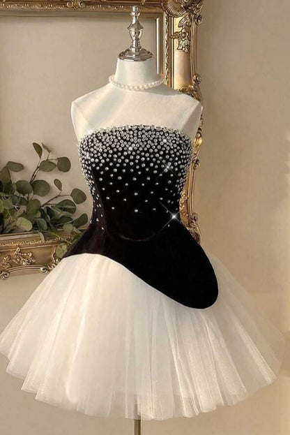 Asymmetrical Strapless Tulle Mini Dress with Rhinestones
