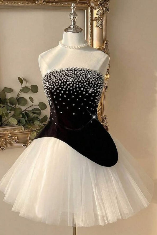 Asymmetrical Strapless Tulle Mini Dress with Rhinestones