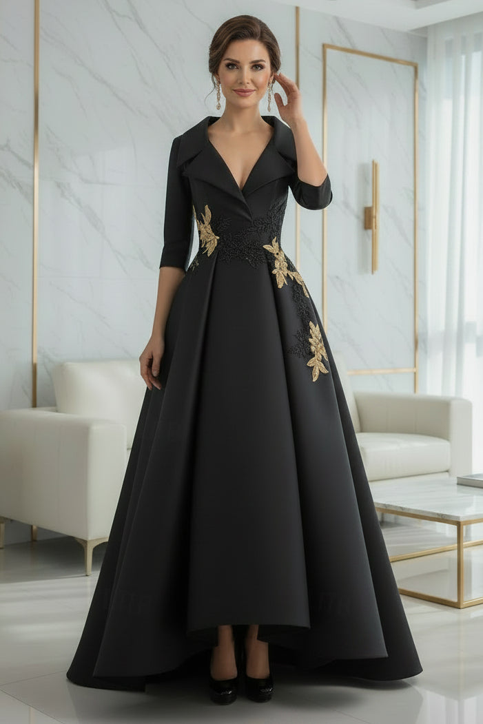 Black A-Line Mother of the Bride Dress with Gold Appliques & 3/4 Sleeves