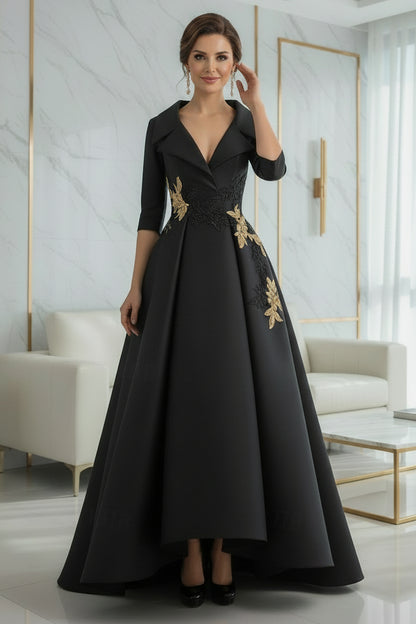 Black A-Line Mother of the Bride Dress with Gold Appliques & 3/4 Sleeves