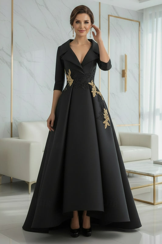 Black A-Line Mother of the Bride Dress with Gold Appliques & 3/4 Sleeves