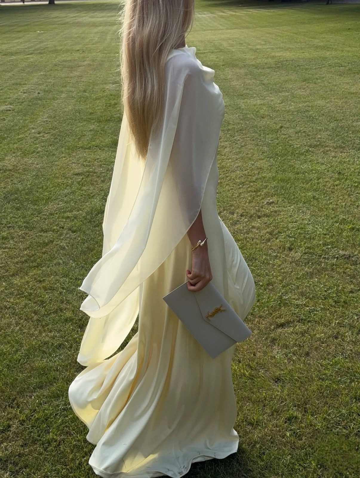 Asymmetrical Cape Draped Satin Evening Gown