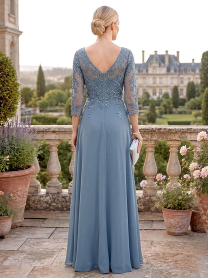 Lace Bodice 3/4-Sleeve Chiffon Evening Gown