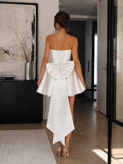 Strapless Satin Mini Dress with Back Bow
