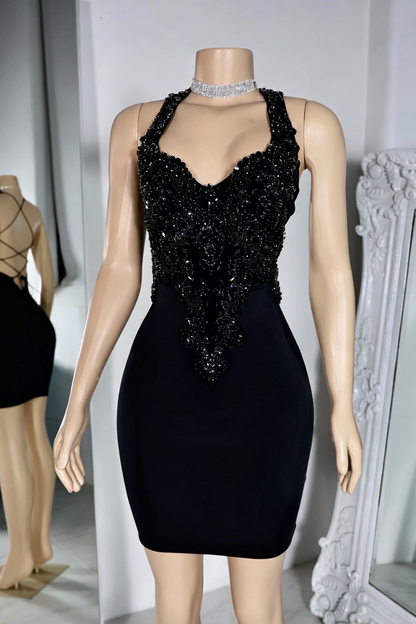 Halter Neck Beaded Open Back Mini Dress