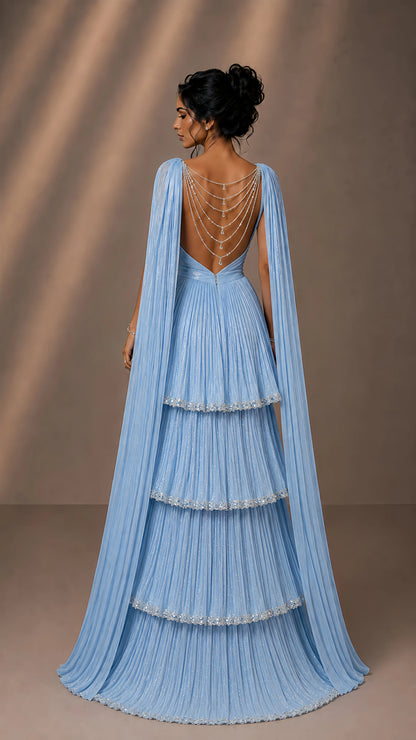 Tiered Pleated Evening Gown with Cape Sleeves