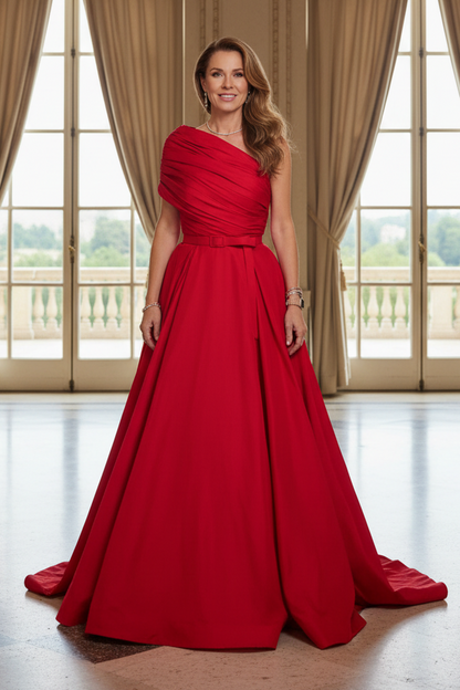 One-Shoulder Pleated Bodice Ball Gown with Belt