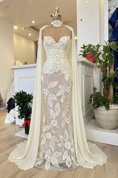 Ruched Bodice Mermaid Wedding Dress with Cape