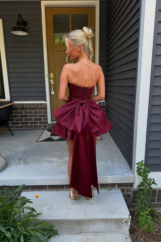 Strapless High-Low Satin Mini Dress with Bow Back