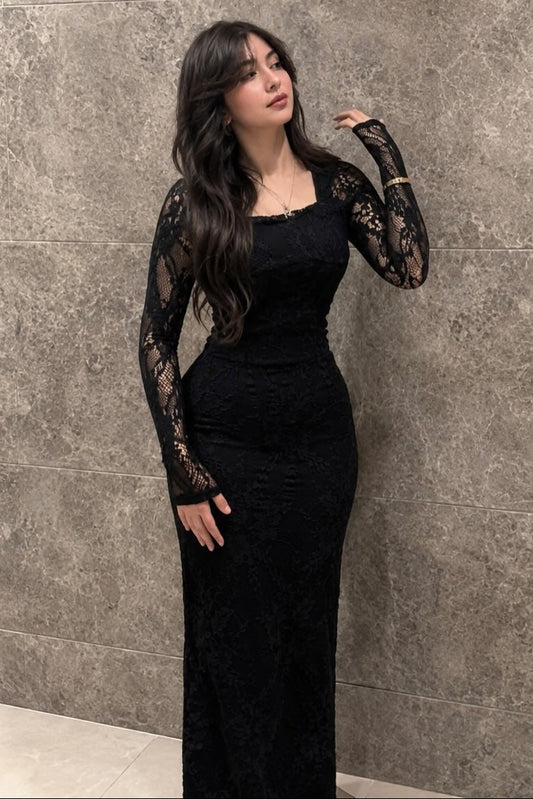 Square Neck Long Sleeve Lace Column Gown