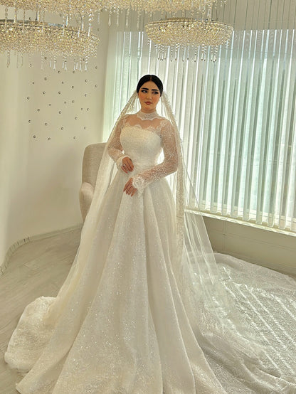 High Neck Illusion Long Sleeve Ball Gown Wedding Dress