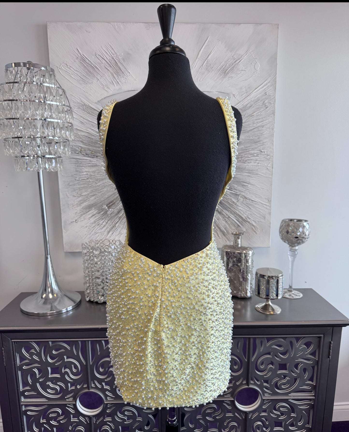 Deep V-Neck Pearl Beaded Bodycon Mini Dress