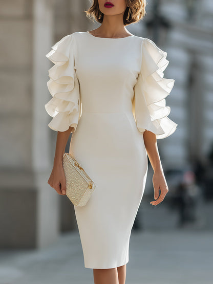 Tiered Ruffle Sleeve Midi Sheath Dress