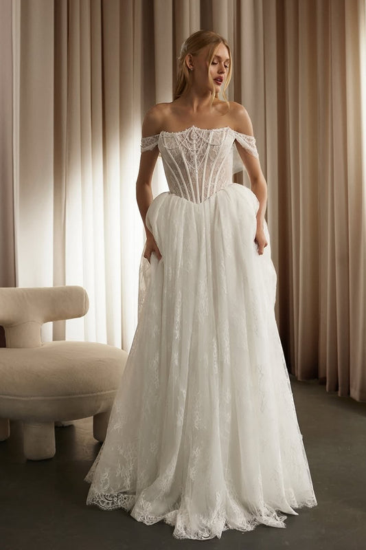 Off-the-Shoulder Corset Lace A-Line Wedding Dress