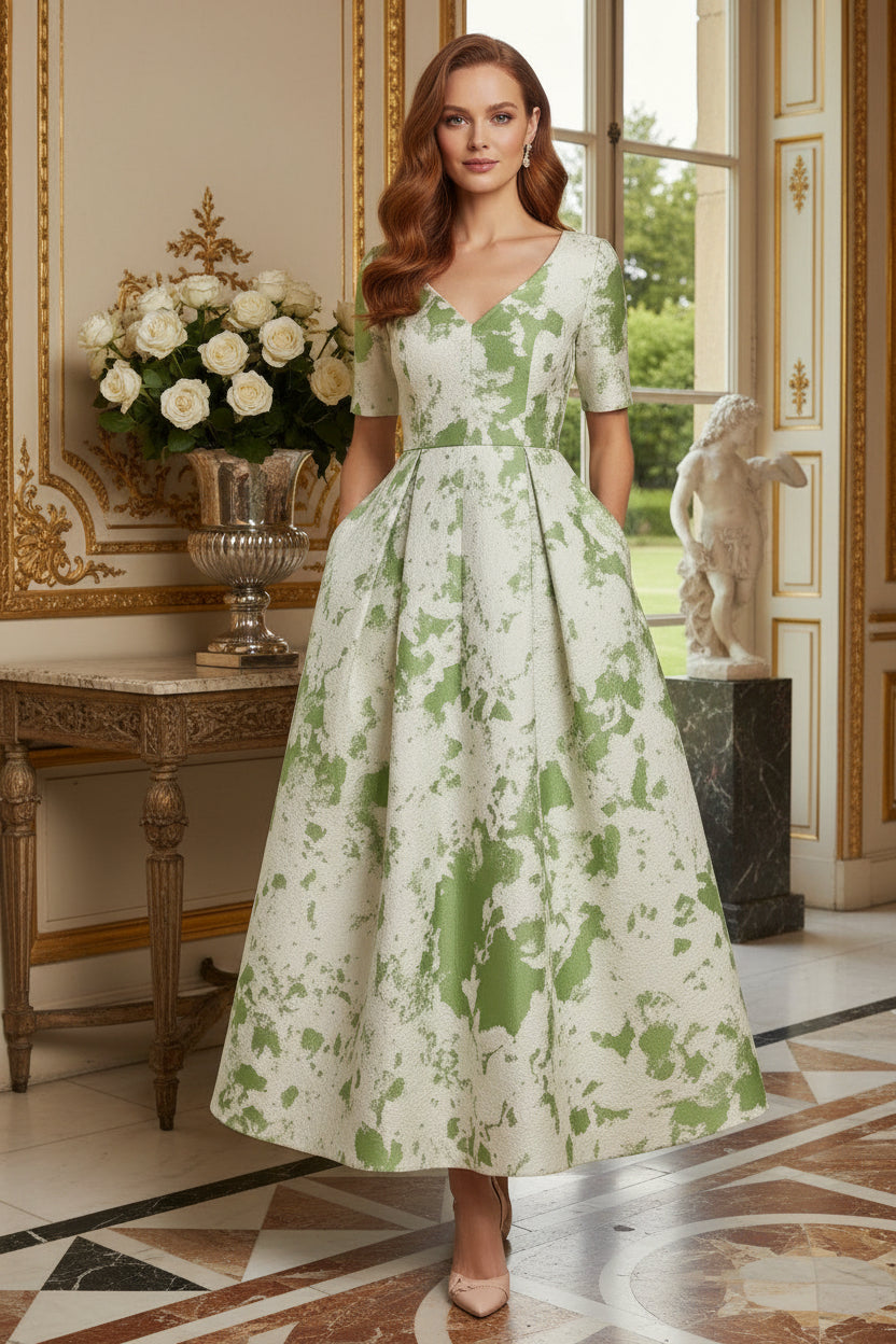 Jacquard A-Line Tea-Length Dress with Pockets