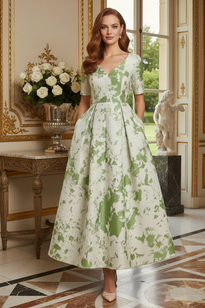 Jacquard A-Line Tea-Length Dress with Pockets