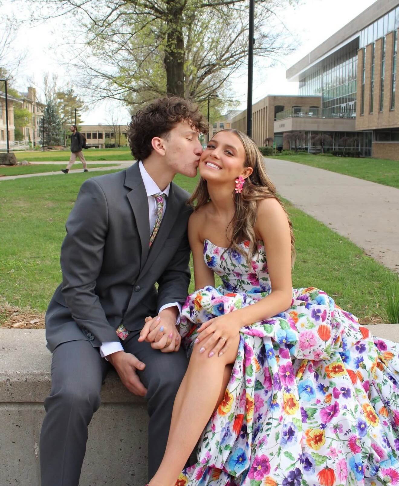 Strapless Floral Print High-Low Ball Gown