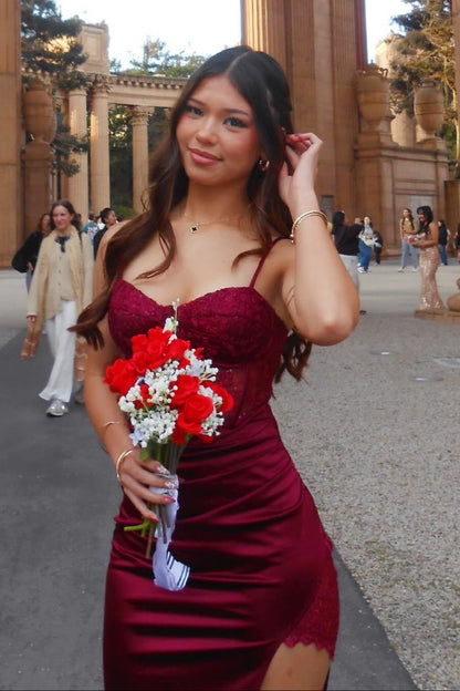 Lace Corset Satin Slit Dress