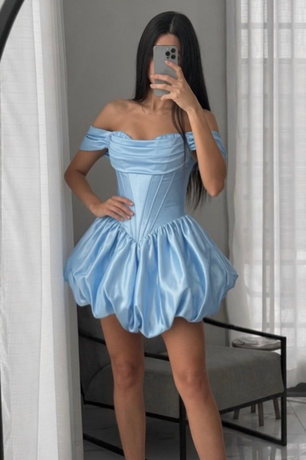 Off-Shoulder Corset Bubble Hem Satin Mini Dress