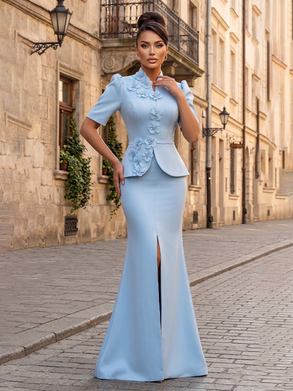Two-Piece Peplum Mermaid Gown with 3D Flowers