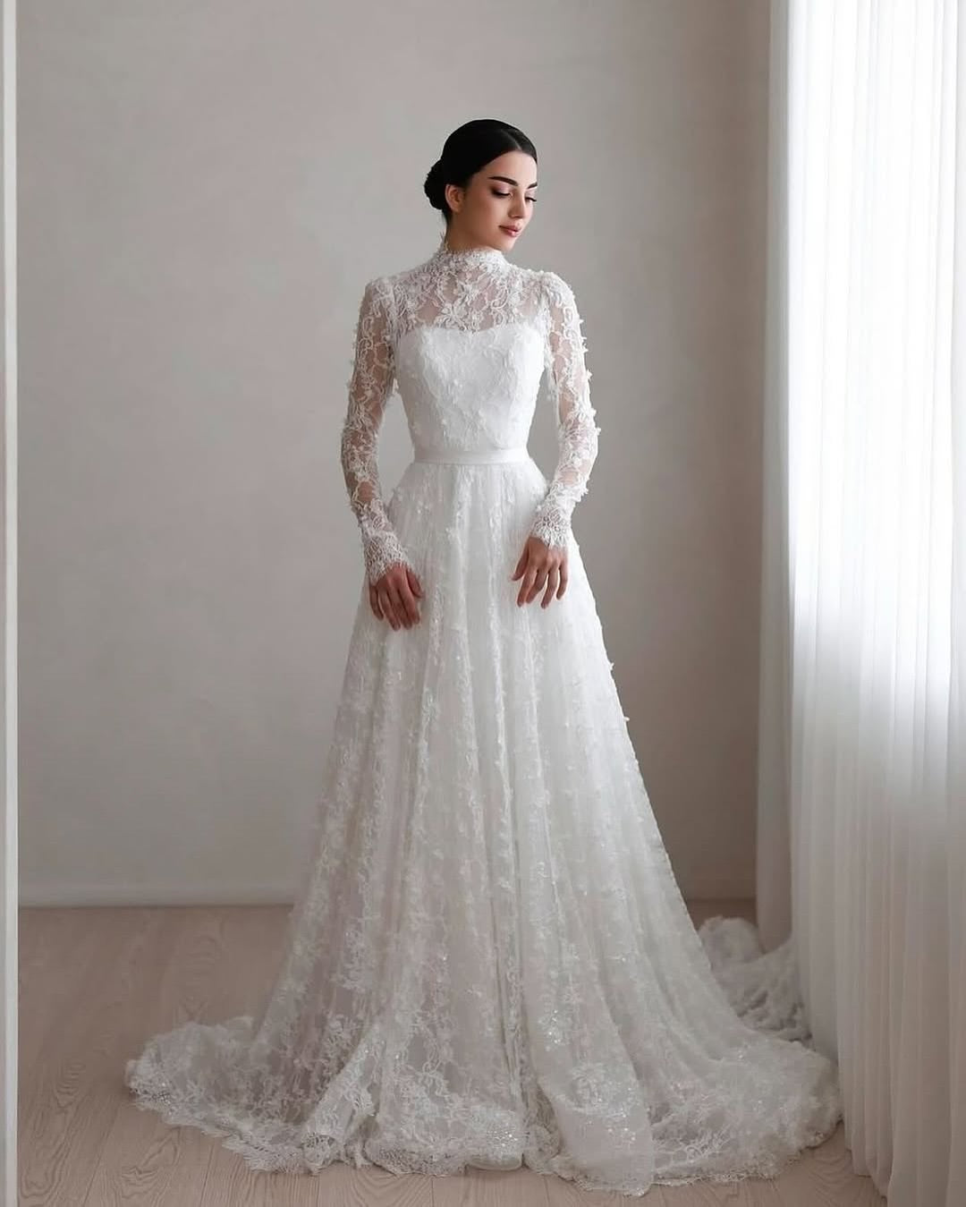 High Neck Lace Long Sleeve Wedding Dress