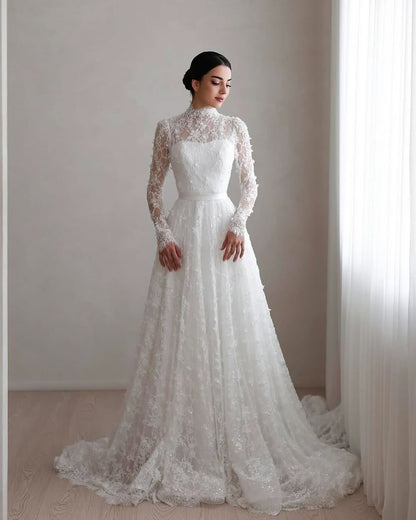High Neck Lace Long Sleeve Wedding Dress