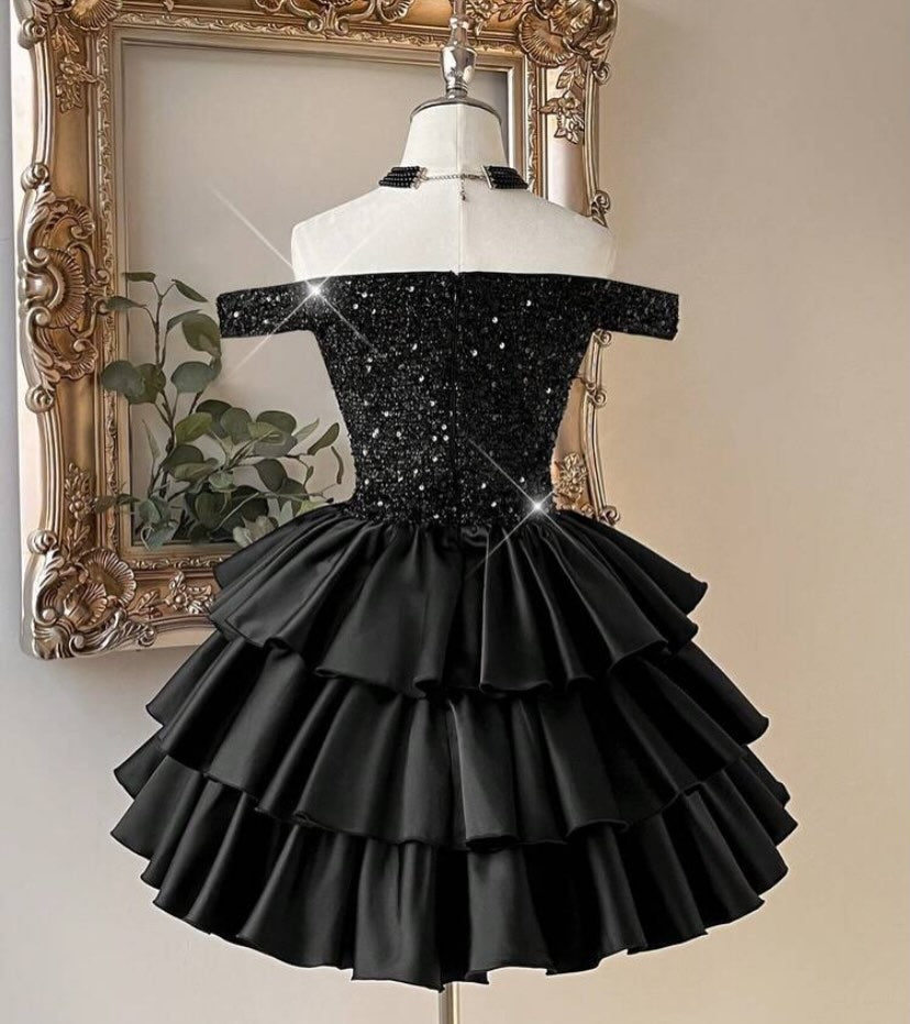 Off-the-Shoulder Sequin Tiered Ruffle Mini Dress