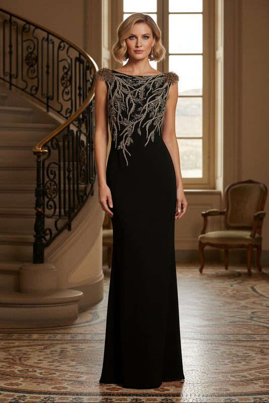 Beaded Branch Crepe Column Evening Gown