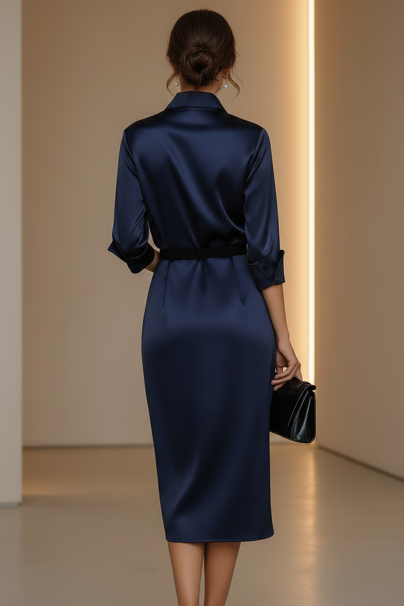 Satin Belted Shirt Dress with Cowl Neck & Back Slit