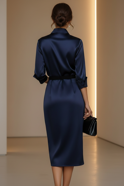 Satin Belted Shirt Dress with Cowl Neck & Back Slit
