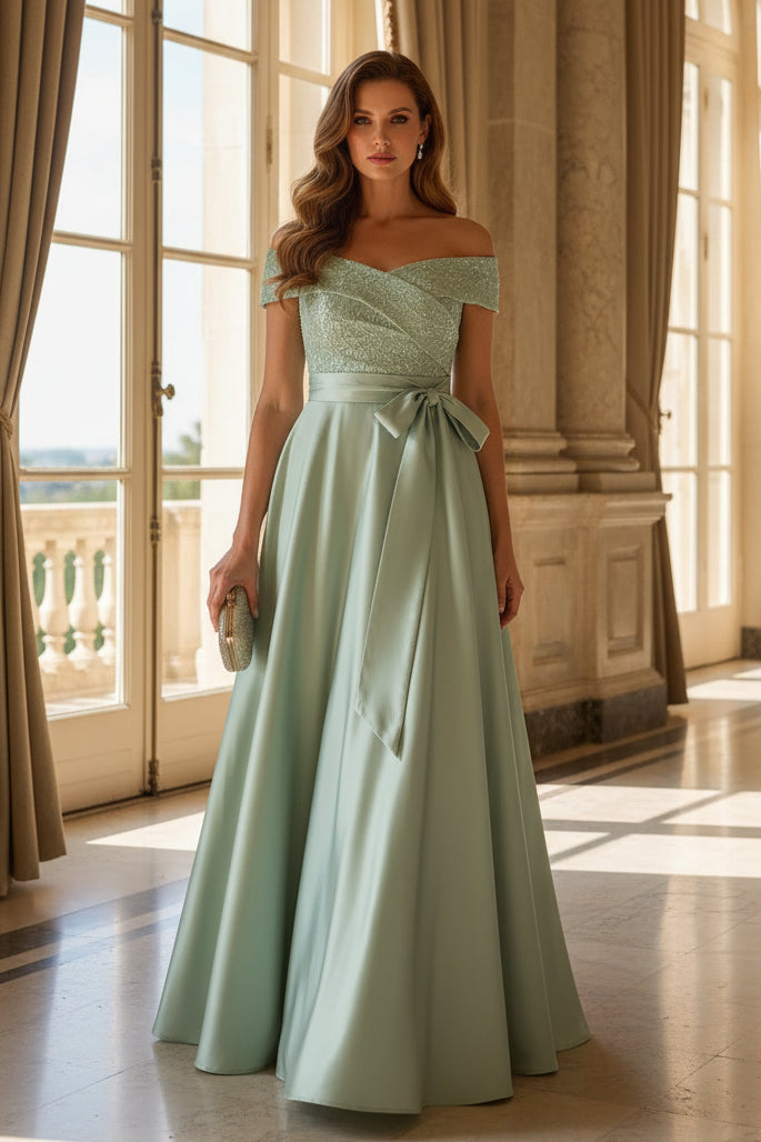 Off-the-Shoulder Shimmer Bodice A-Line Gown