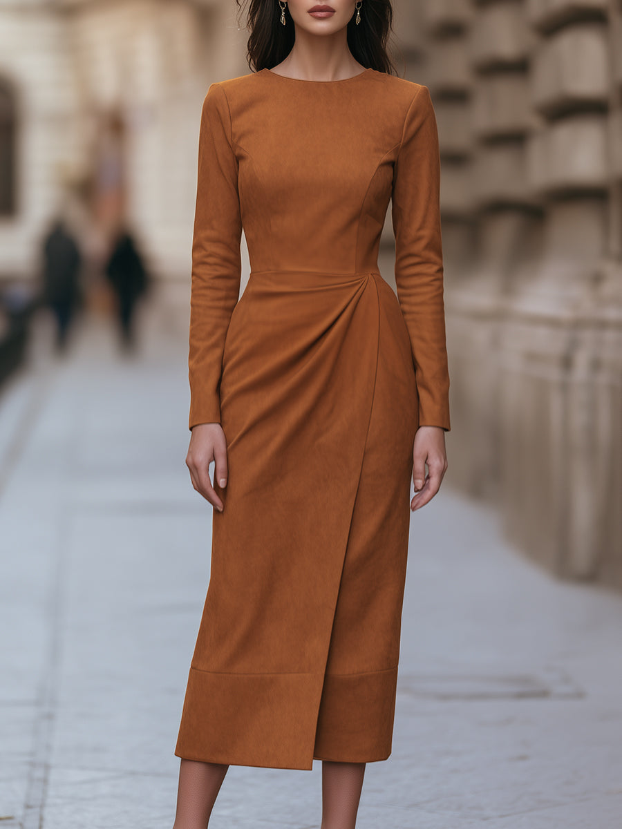 Long Sleeve Pleated Midi Dress with Wrap Detail