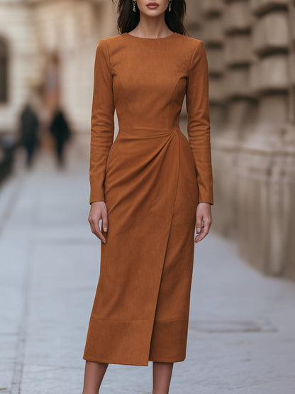 Long Sleeve Pleated Midi Dress with Wrap Detail