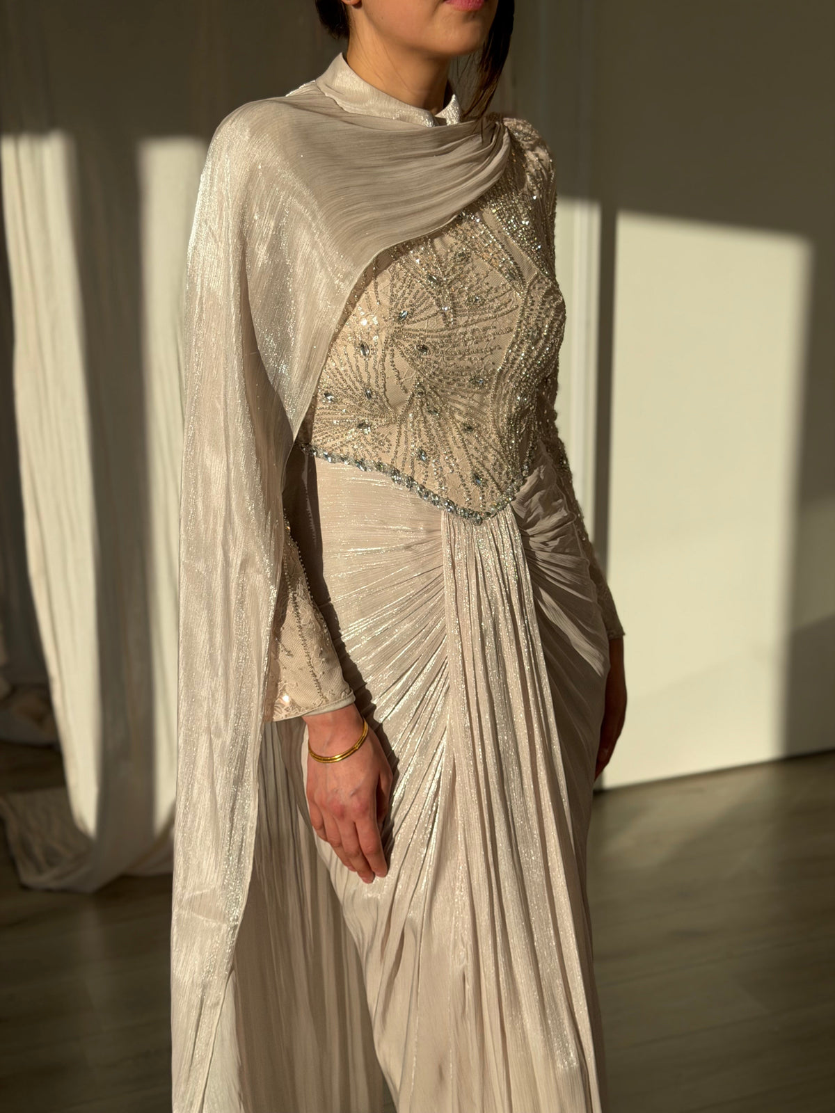Beaded Bodice Draped Evening Gown with Cape