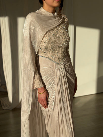Beaded Bodice Draped Evening Gown with Cape