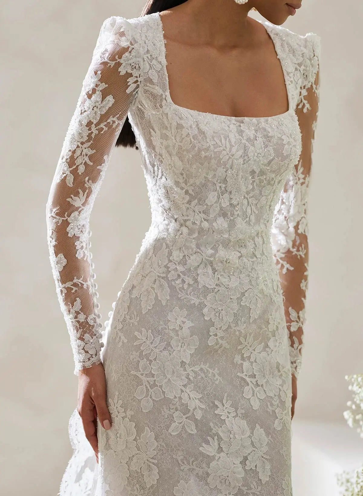 Lace Long Sleeve A-Line Wedding Dress with Open Back
