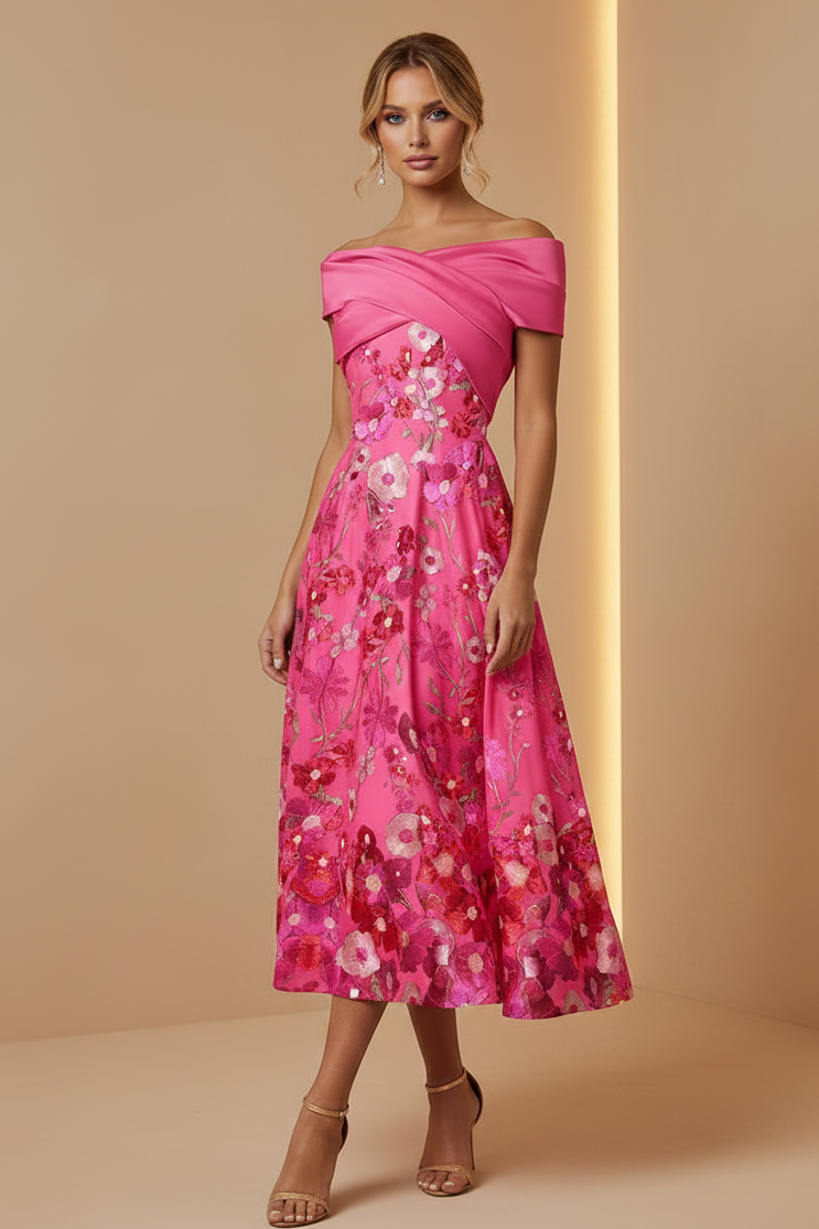 Off-the-Shoulder Floral Embroidered Midi Dress