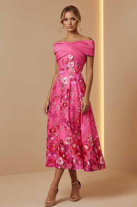 Off-the-Shoulder Floral Embroidered Midi Dress