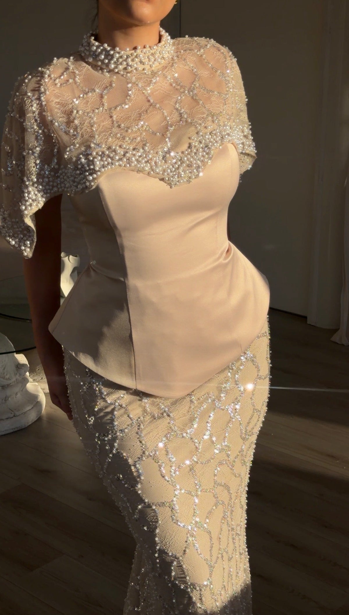 Peplum Mermaid Gown with Pearl Capelet