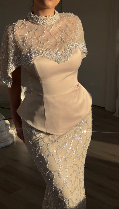 Peplum Mermaid Gown with Pearl Capelet