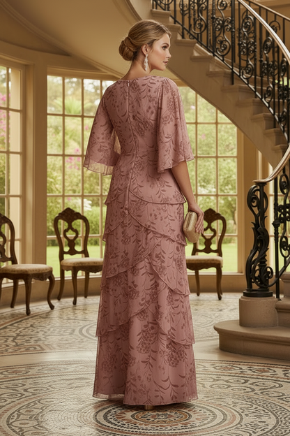 Floral Tiered V-Neck Flutter Sleeve Evening Gown