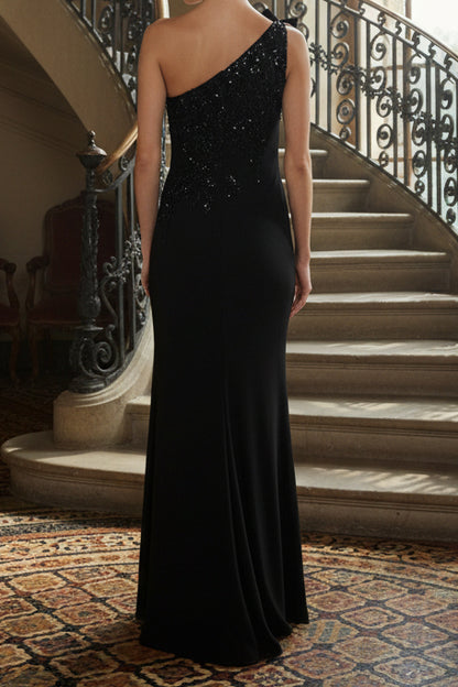One-Shoulder Crepe Gown with 3D Flower