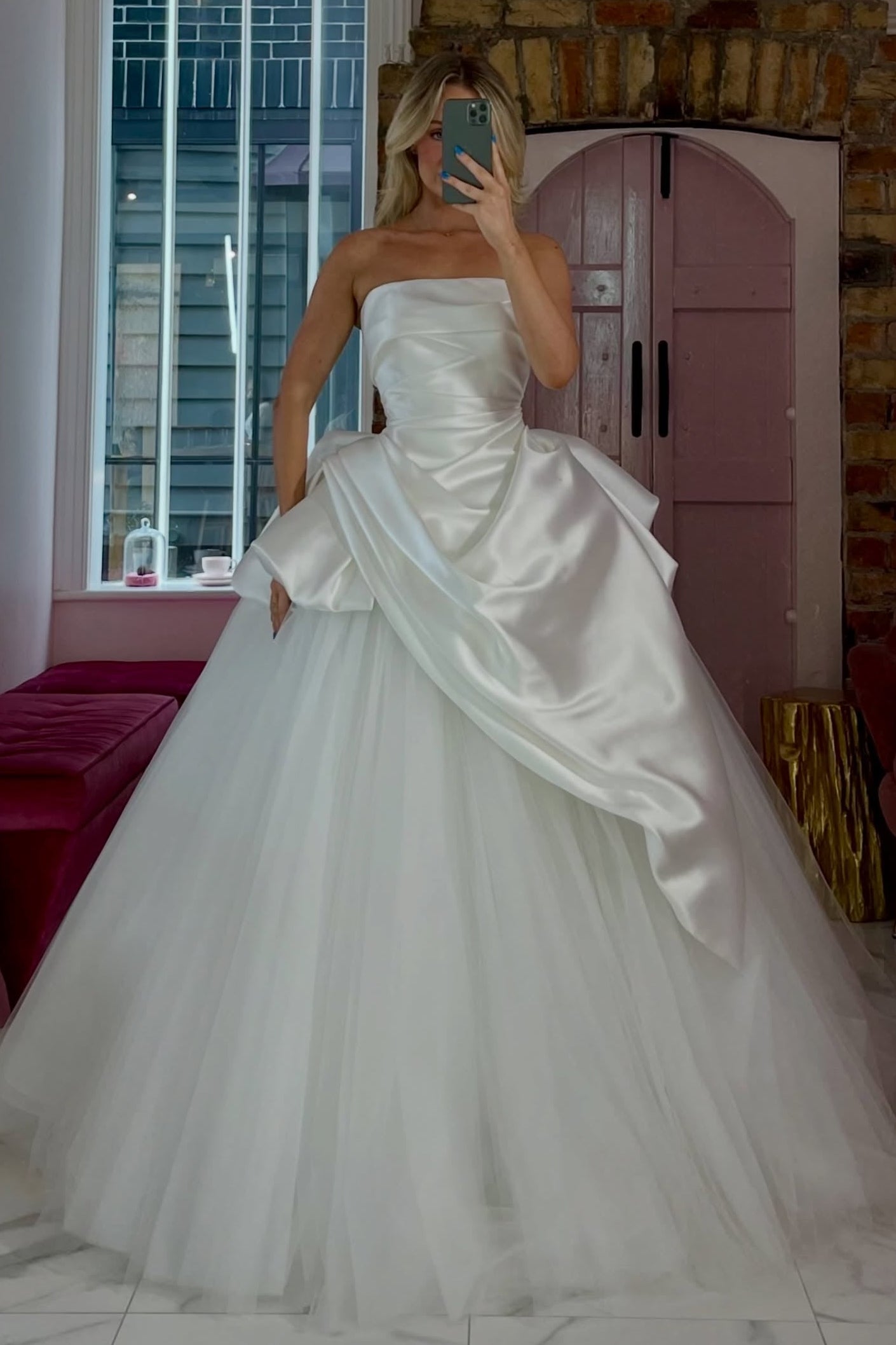 Strapless Satin Ball Gown with Bow Drape Detail
