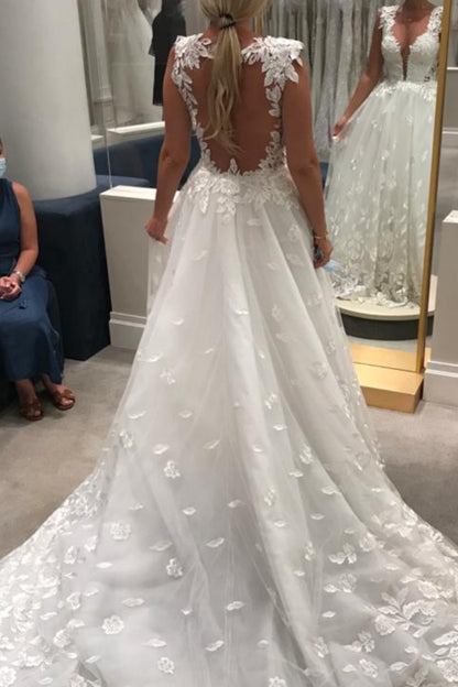 Plunging V-Neck A-Line Lace Wedding Dress