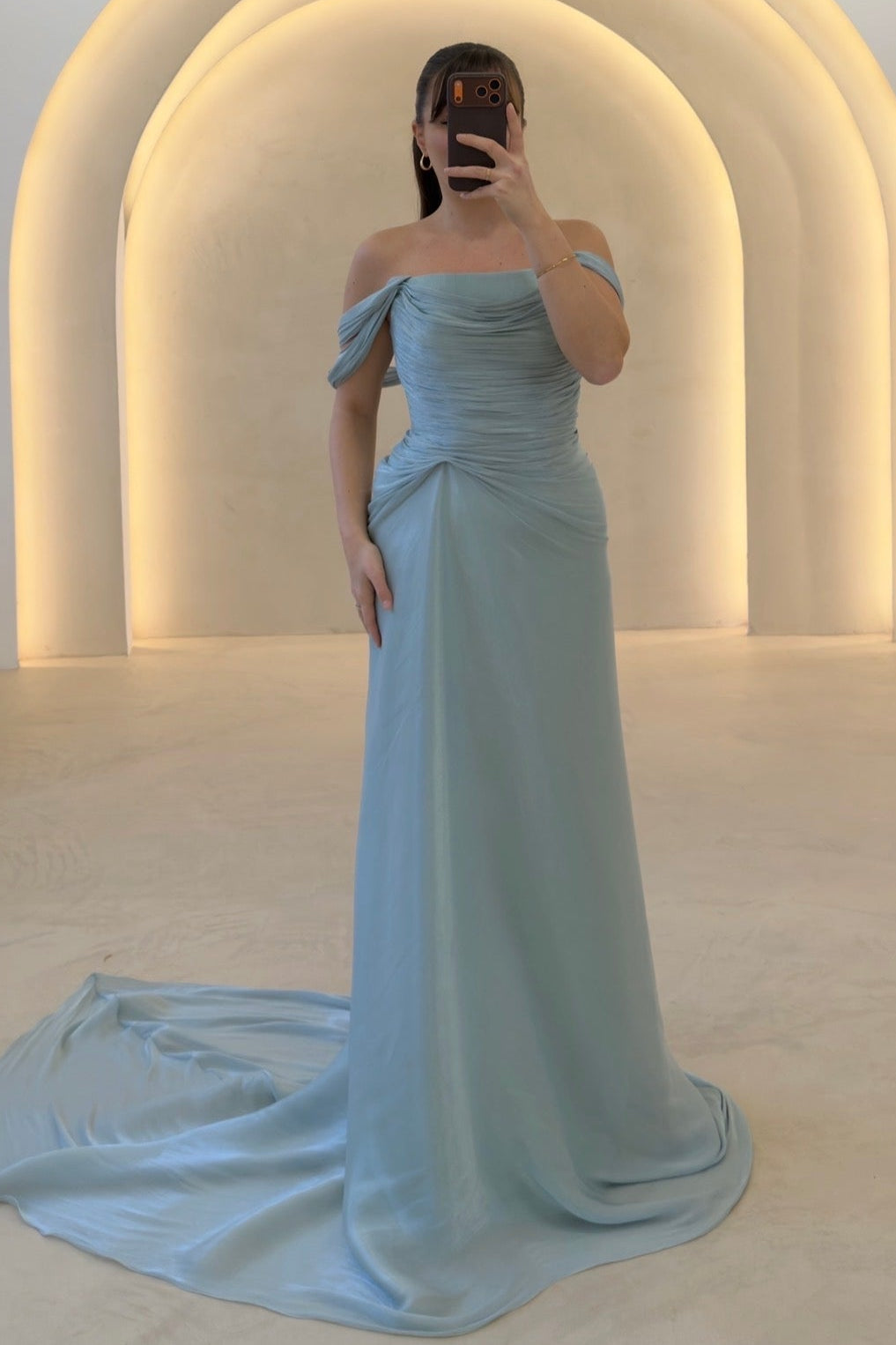 Off-the-Shoulder Draped Evening Gown with Corset Back